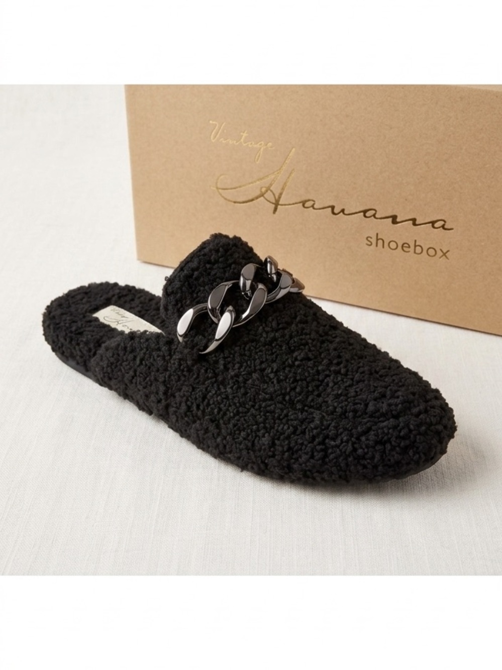 NIB Vintage Havana Black Sherpa Chain Mules Slides Women Shoes 7.5